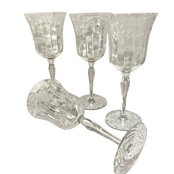 Vintage Mid Century Etched Clear Crystal Wine Glasses Water Goblets Set of 4 - Picture 4 of 12